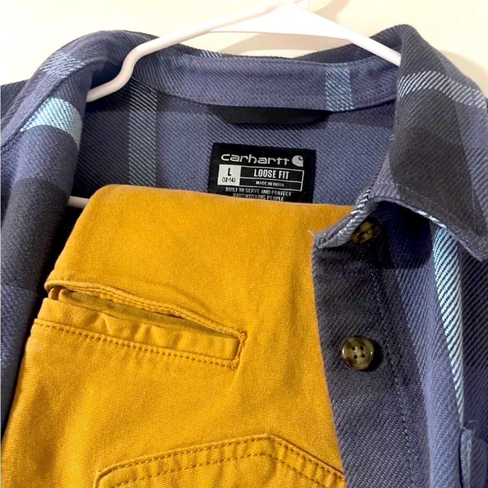 CARHARTT BUNDLE Large blue flannel 34x28 khaki rugged flex pants brand new